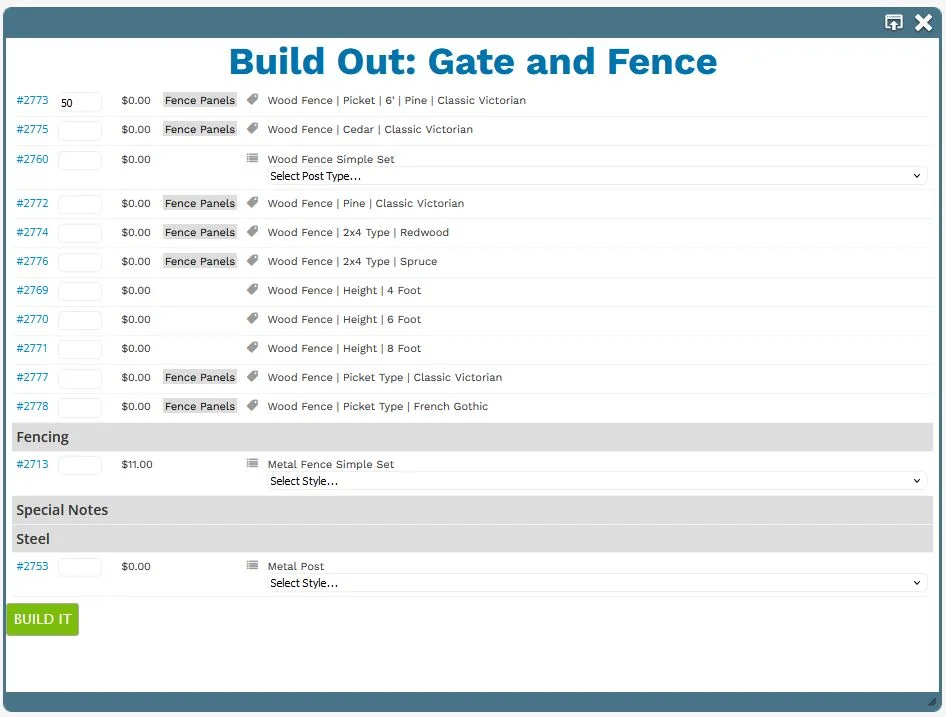 fence estimating software page