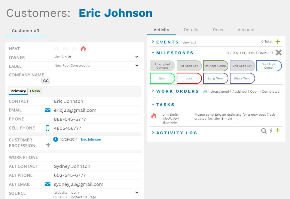 customers page in DBX pool construction software