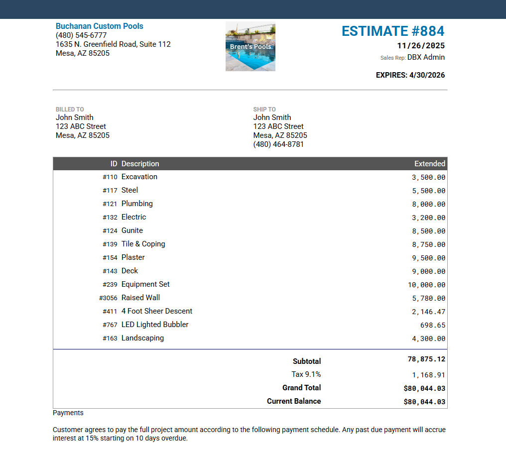 digital estimate of a pool